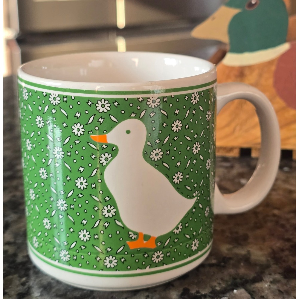 Vintage JSNY Taiwan White Goose Coffee Mug Green Floral Cottagecore Ceramic Cup